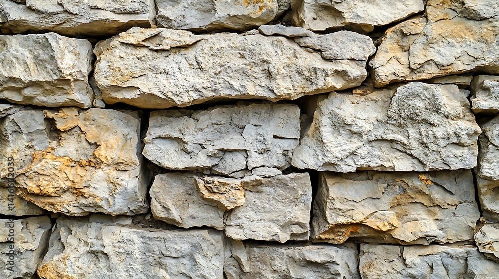 Fototapeta premium Rough stone wall texture with stacked natural rocks in rustic construction pattern background 