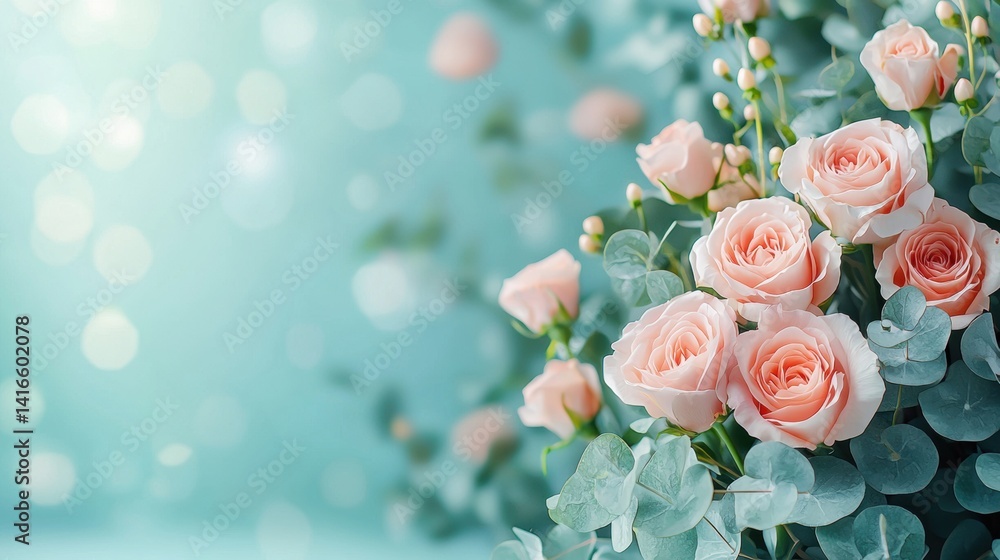 Elegant pink roses with eucalyptus on a soft bokeh background Elegant pink roses with eucalyptus on a soft bokeh background