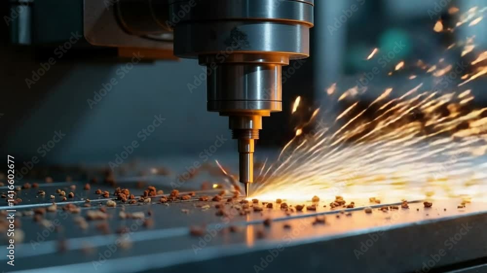 Close-Up of CNC Milling Machine Cutting Metal with Flying Sparks and Shavings Close-Up of CNC Milling Machine Cutting Metal with Flying Sparks and Shavings