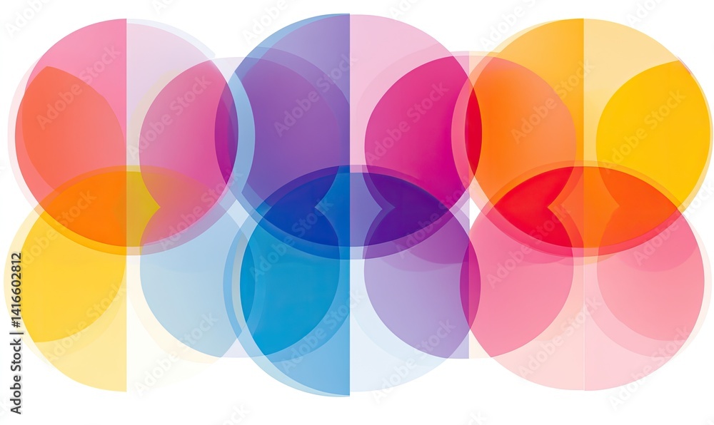 Overlapping translucent circles in vibrant hues, creating an abstract design Overlapping translucent circles in vibrant hues, creating an abstract design