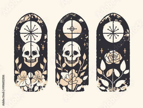 Mystical Gothic Windows: Three intricately designed gothic windows with a mysterious ambiance, featuring skulls, celestial elements, and floral motifs, evoking a sense of the uncanny.