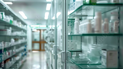 Empty glass medicine cabinet in hospital setting with open doors and shelves, symbolizing healthcare crisis, drug shortages and medical supply issues. Healthcare system challenges and hospital resourc