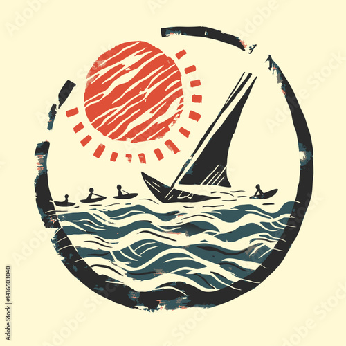 Sailboat on the Open Sea: a symbolic graphic illustrating a sailboat sailing on the open sea during a sunny day. a view of the sea with the sun over the waves, inspiring freedom and adventure.