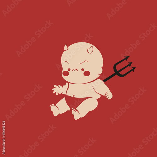 Mischievous Little Devil: A cartoon devil baby with a red background showing with trident ready for chaos.