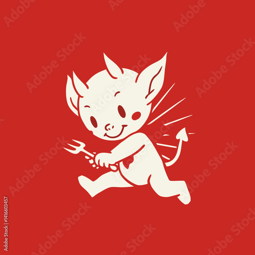 Whimsical Devil on a Crimson Canvas: A charming illustration of a cheerful imp running with a pitchfork. It captures a fun, lighthearted interpretation of the otherwise ominous subject.