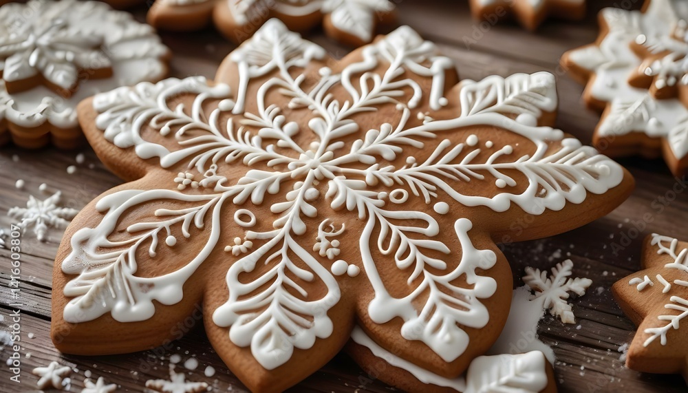Close-up of beautifully decorated gingerbread snowflake cookies with white icing. Close-up of beautifully decorated gingerbread snowflake cookies with white icing.