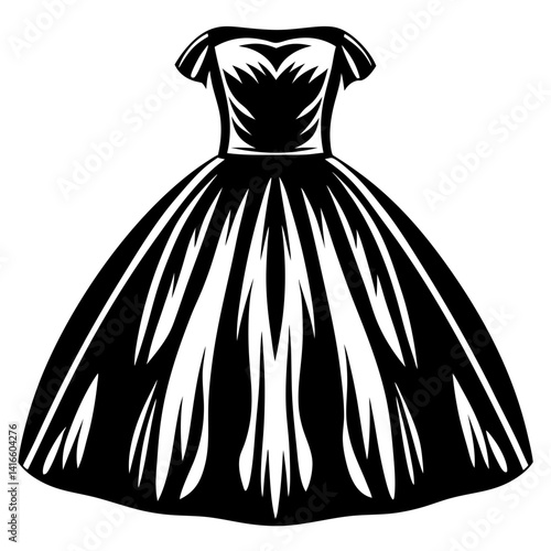 Elegant black and white vintage dress illustration with flowing lines of skirt