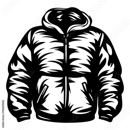 Stylized black and white illustration of a hooded winter jacket for apparel