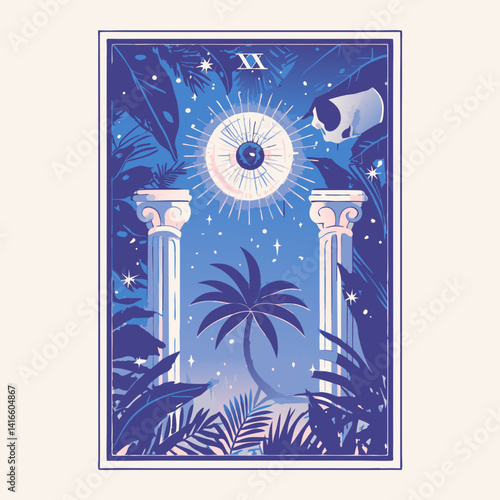 Mystical Tarot Card Illustration: An intricate tarot card illustration depicting a symbolic scene featuring an all-seeing eye, intricate columns, a mysterious creature, and lush vegetation.