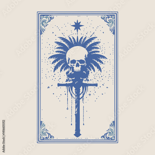 Mystic Tarot Card: This evocative illustration captures the essence of mystery and introspection, featuring a detailed skull design. Evoking the realms of spirituality and divination.