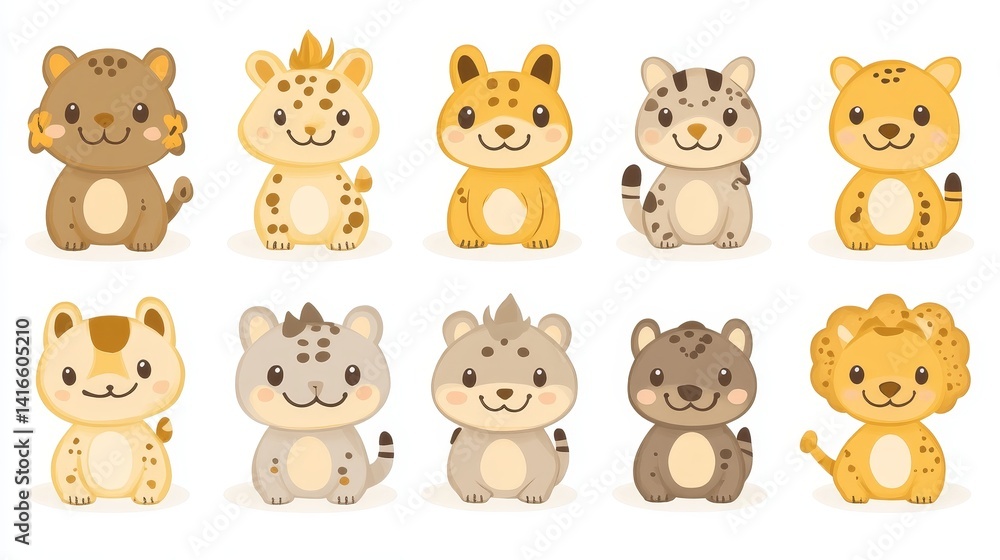 Collection of pixelated adorable cartoon wild cats featuring lions tigers leopards and cheetahs for games animation prints posters stickers Collection of pixelated adorable cartoon wild cats featuring lions tigers leopards and cheetahs for games animation prints posters stickers