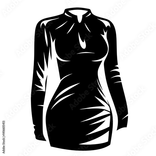 Stylized monochrome illustration of a long sleeved fitted dress with high collar