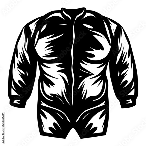 Stylized black and white illustration of a long sleeved jumpsuit for extreme sports