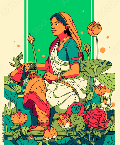Harmony Amidst Bloom: A serene figure, adorned in traditional attire, finds solace amidst the elegance of water lilies and vibrant floral accents, celebrating cultural grace.
