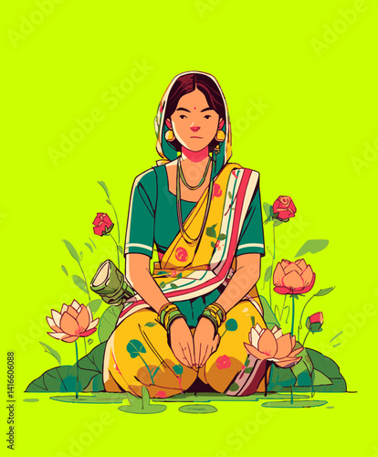 Serene Lotus: An Indian woman adorned in a vibrant sari sits peacefully amongst blooming lotus flowers. Embracing the rich cultural heritage and spiritual beauty.