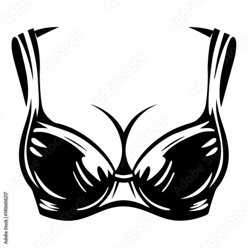 Black and white illustration of a stylized bra with straps and cups