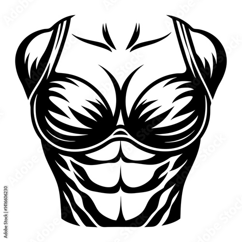 Abstract vector illustration of female torso with muscular build in black and white