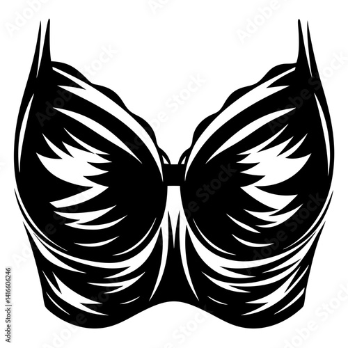 A stylized black and white drawing of a bra in silhouette art