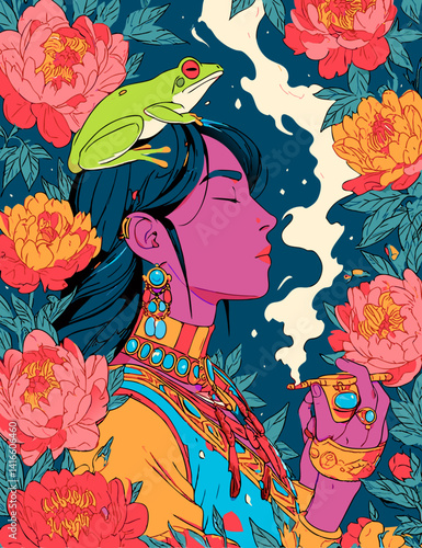 Serene Contemplation with a Frog: A woman with a serene expression is depicted amidst a floral backdrop, with a frog perched atop her head. This artwork explores themes of tranquility, introspection.