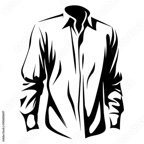 Stylized black and white illustration of an open collared button down shirt