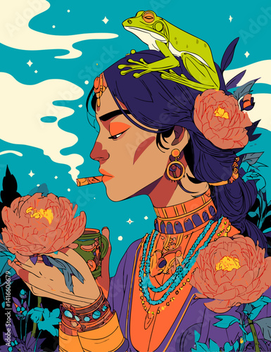 Bohemian Oracle and her Frog: A colorful artistic illustration of a bohemian woman with a frog perched on her head, immersed in contemplation, with floral elements surrounding her. 