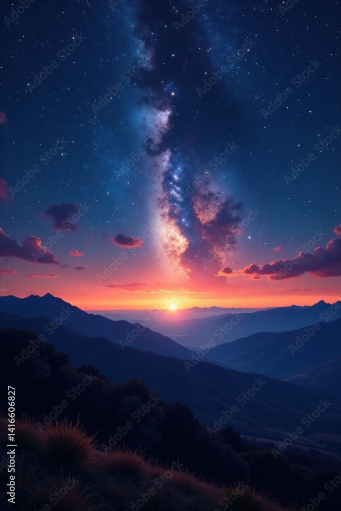 Fototapeta premium Glittering starry sky over a vast landscape at dusk, landscape, celestial bodies, stars