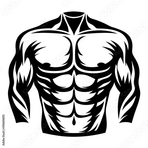 Abstract stylized black and white bodybuilder torso silhouette isolated on white
