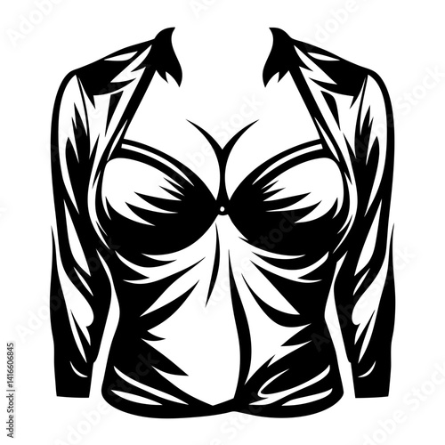 Dramatic black and white graphic of a stylized, longsleeved top for fashion
