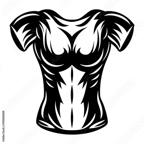 Stylized black and white illustration of a muscular torso with tribal elements