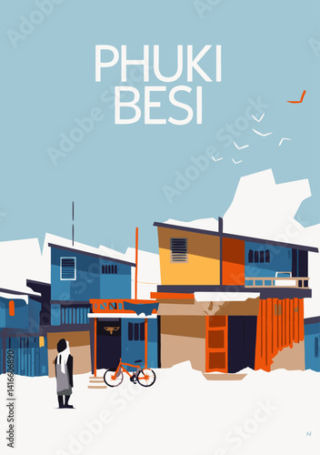 Phuki Besi: A picturesque village scene, the image evokes tranquility and cultural charm with stylized illustration. A lone figure and bicycle add a narrative dimension.