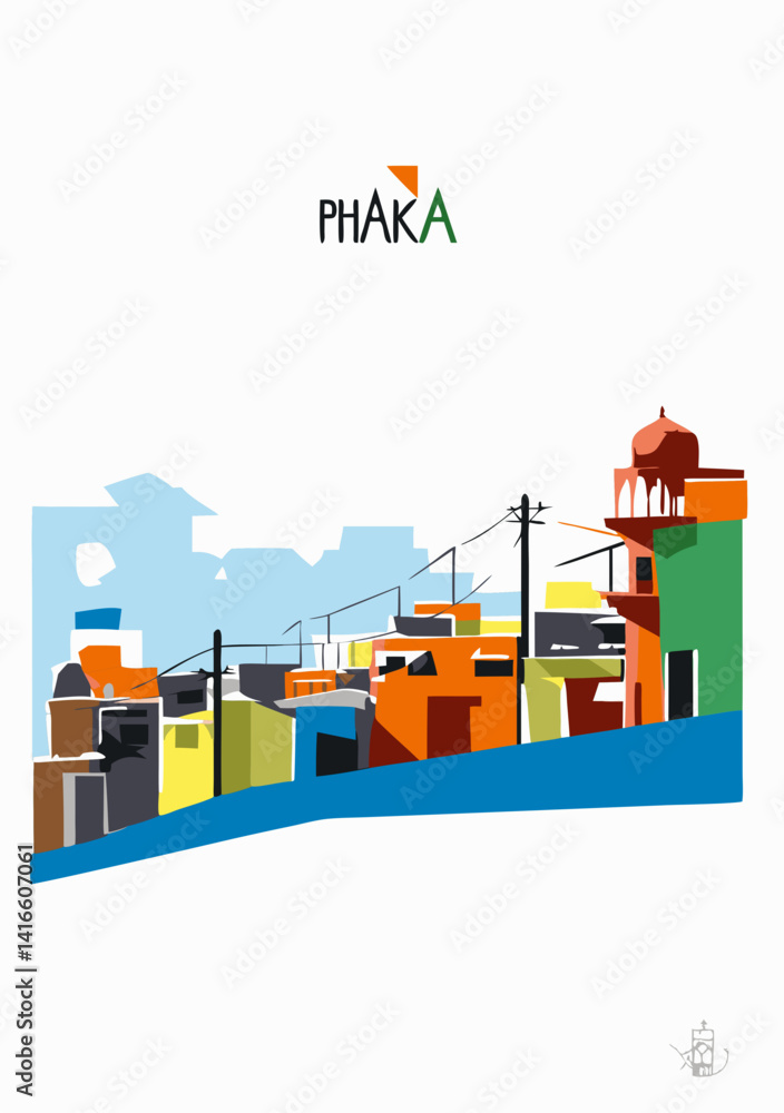 Fototapeta premium PhaKa Hilltop Village: A vibrant stylized illustration of a hilltop village, showcasing colorful buildings, power lines, and a prominent mosque, creating a dynamic and eye-catching scene.