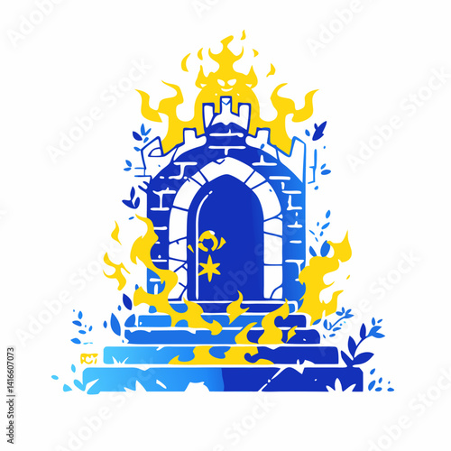Gateway to Mystery: An illustrated scene of a majestic castle gateway ablaze in stylized flames, inviting viewers into a realm of fantasy and adventure. 