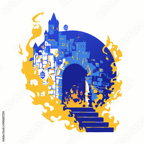 Destructive Inferno: A striking illustration depicts a majestic stone edifice enveloped in flames, conveying both the beauty and the destructive nature of fire.
