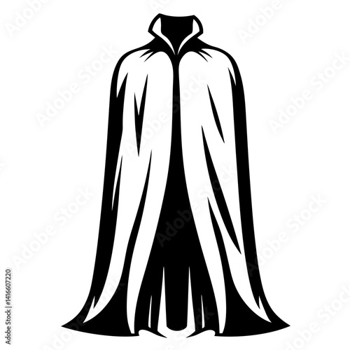 Monochrome illustration of a billowing cloak, fantasy costume, or theatrical garb