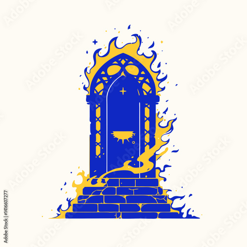 The Mystical Gate: A mystical gate, framed in gothic architecture, engulfed in flames, ignites imagination and curiosity. This piece evokes a sense of mystery and the allure of the unknown.