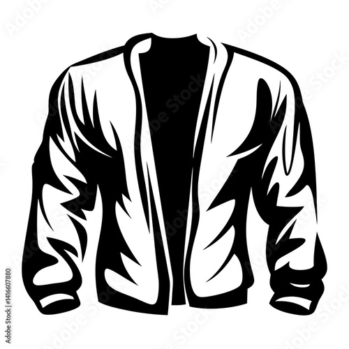 Stylized black and white illustration of an open jacket with sleeves