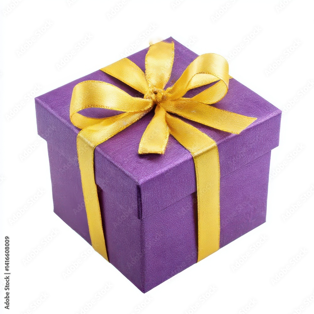 Obraz premium Purple gift box with gold ribbon, present isolated on white background