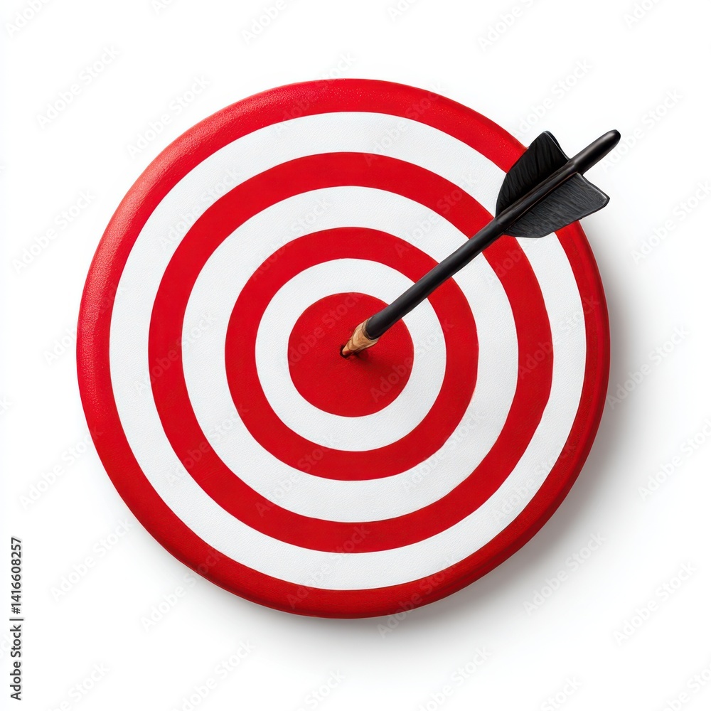 Arrow hitting center of red and white target isolated on white background Arrow hitting center of red and white target isolated on white background