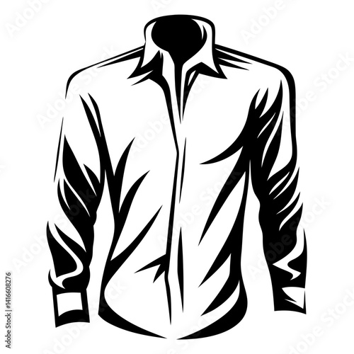 Black and white illustration of a button down shirt on white background