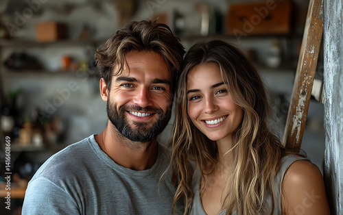 Happy young couple smiling together in a rustic home or apartment with industrial decor