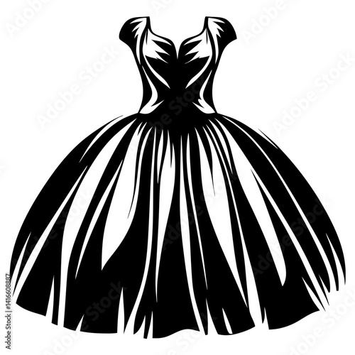Elegant black and white dress illustration with a vintage ball gown style