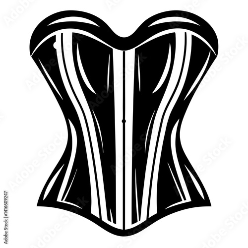 Stylized Black and White Corset Illustration with Curving Lines and Symmetry