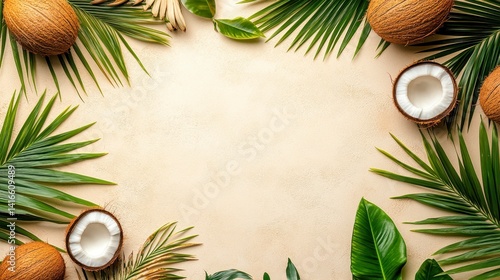 Tropical Summer Frame with Coconuts and Palm Leaves on Beige Background