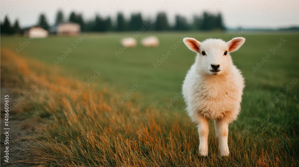 Obraz premium Adorable Lamb in Lush Green Pasture at Sunset