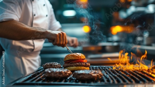 Chef grilling meat close up culinary food photography restaurant cuisine image