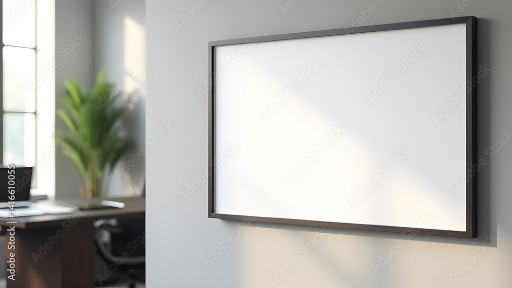 Fototapeta premium Blank white canvas poster mockup in modern office setting with natural lighting and blurred professional desk in background.