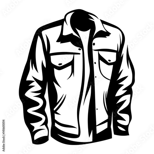 Black and white sketch of an unbuttoned collared shirt with pockets