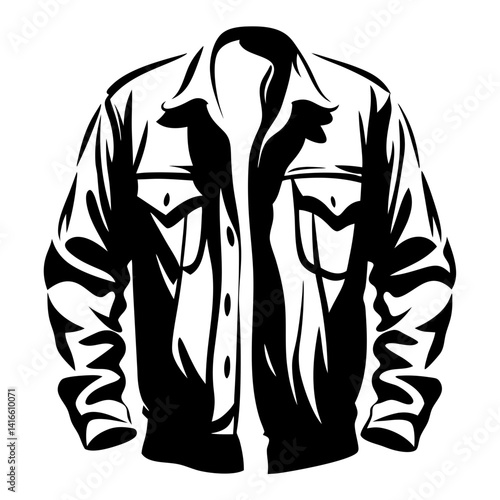 Stylized black and white illustration of an open button down shirt with pockets
