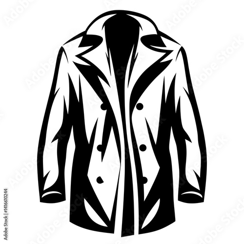Stylized monochromatic drawing of a double breasted overcoat with a wide collar