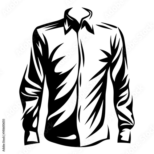 Stylized black and white illustration of a long sleeved button down shirt